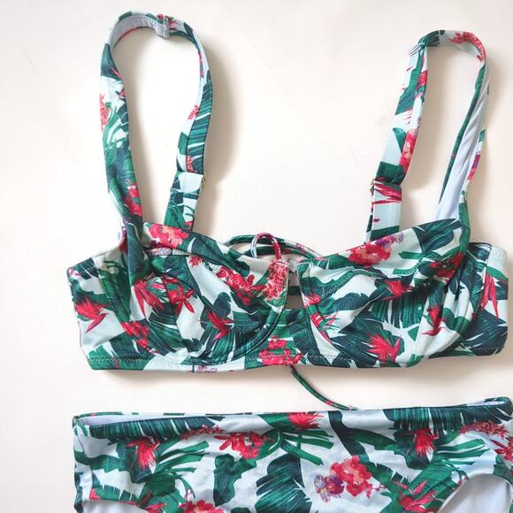 Victorias Secret Bikini Swimsuit Blue Palm Floral Underwire Demi High Rise S 34C - Picture 2 of 9